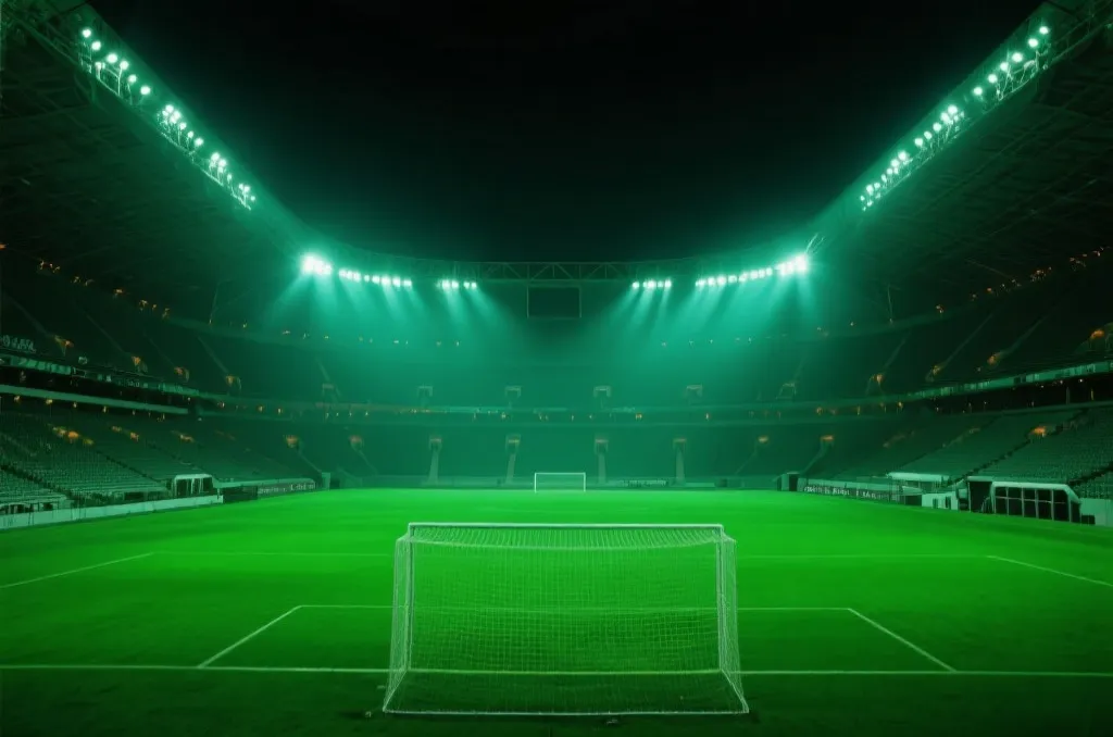 A wide-angle shot of a glowing green football stadium at night under bright stadium lights